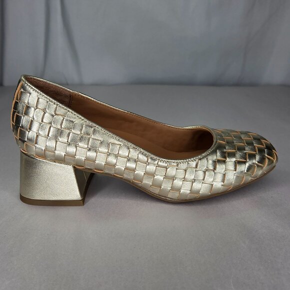 NWT Gentle Souls Women's Lancine Woven Block-Heel Pumps - Soft Gold Leather - Picture 3 of 8